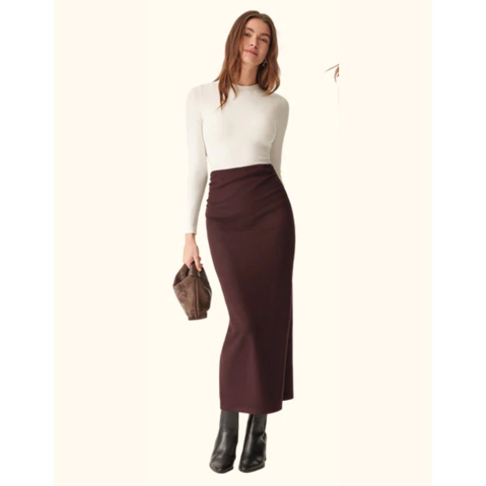 OGL MaxWarm Ruched Side Pencil Maxi Skirt High Waisted Burgundy Ruby Berry Sz S